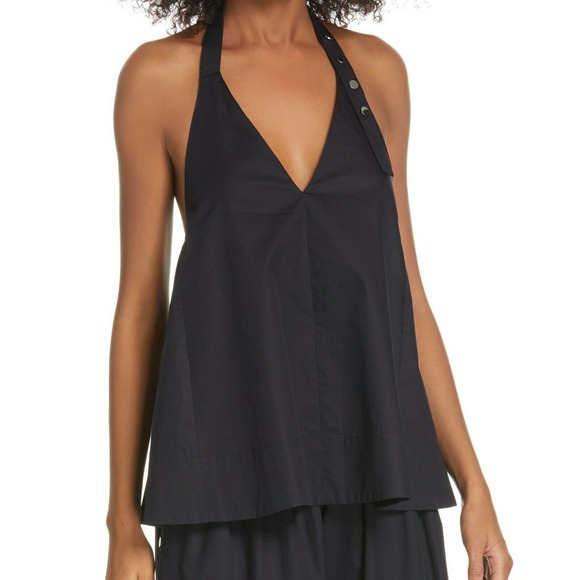 Tibi Tops - Tibi NEW Tech Poplin Halter Top Black V-Neck Snap Neck Size 4 Black